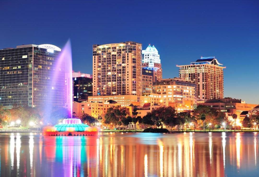 Orlando downtown skyline panorama over Lake Eola at night